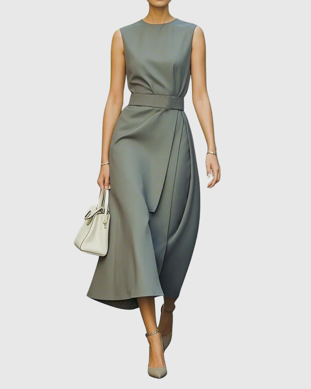Paige | Elegant round neck midi dress with draped waist