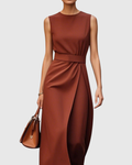 Paige | Elegant round neck midi dress with draped waist