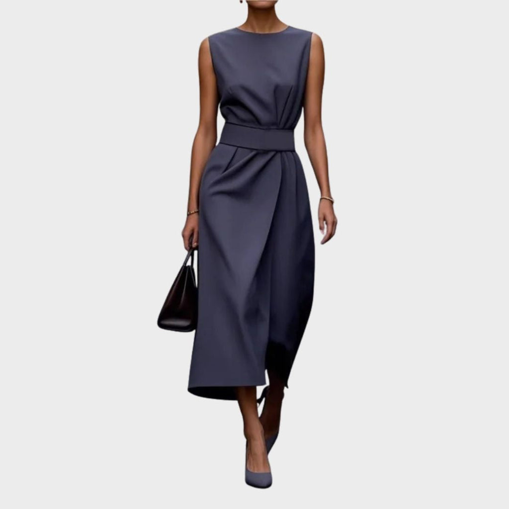 Paige | Elegant round neck midi dress with draped waist