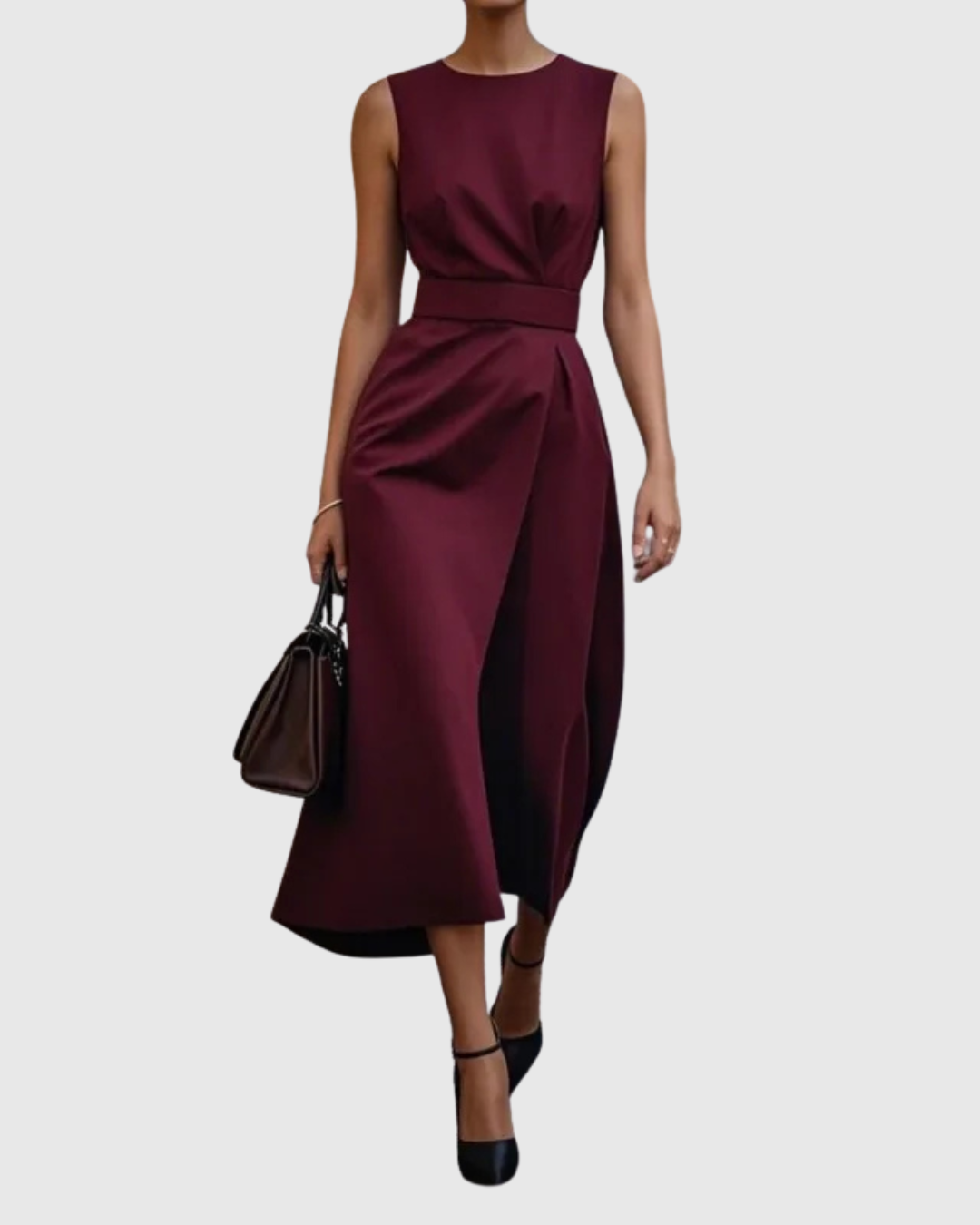 Paige | Elegant round neck midi dress with draped waist