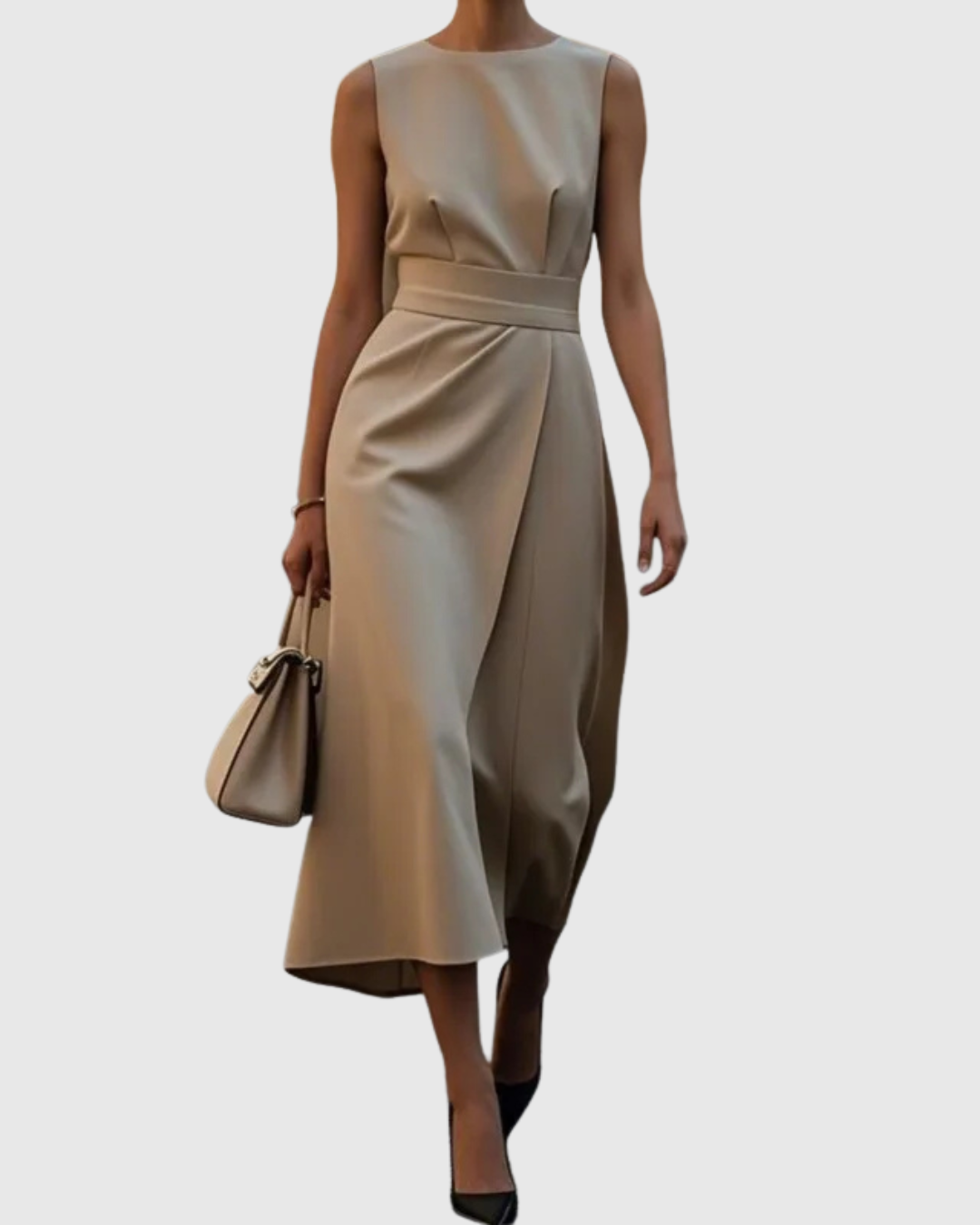 Paige | Elegant round neck midi dress with draped waist