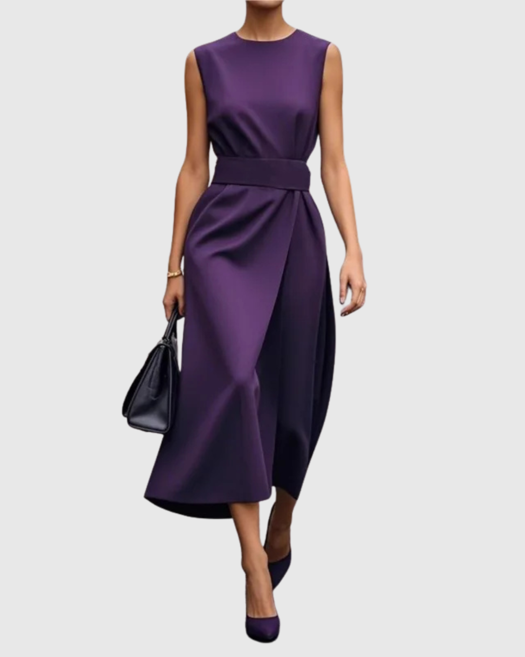 Paige | Elegant round neck midi dress with draped waist
