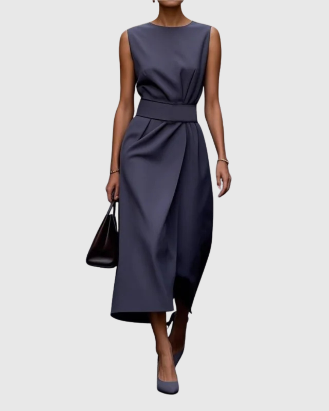 Paige | Elegant round neck midi dress with draped waist
