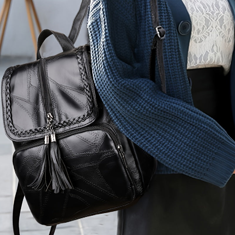 Luica - Stylish Black Backpack with Braided Flap and Tassel Detail