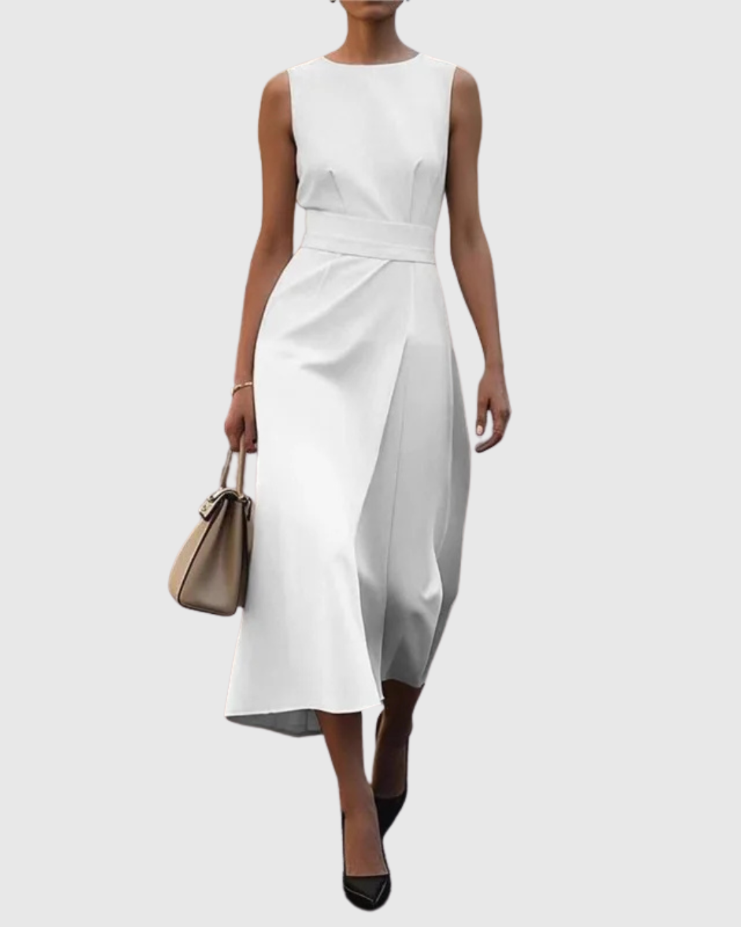 Paige | Elegant round neck midi dress with draped waist