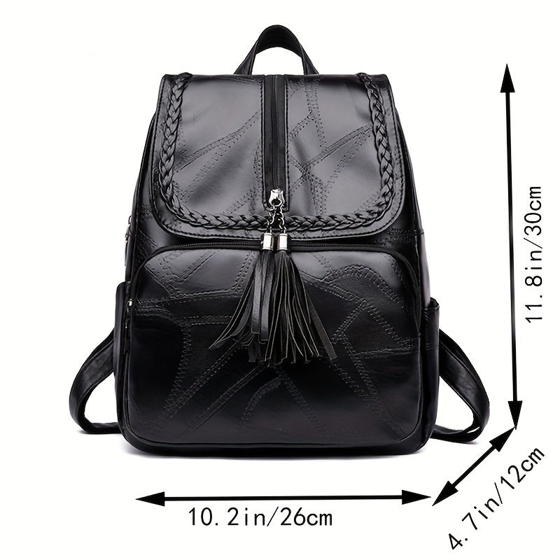 Luica - Stylish Black Backpack with Braided Flap and Tassel Detail