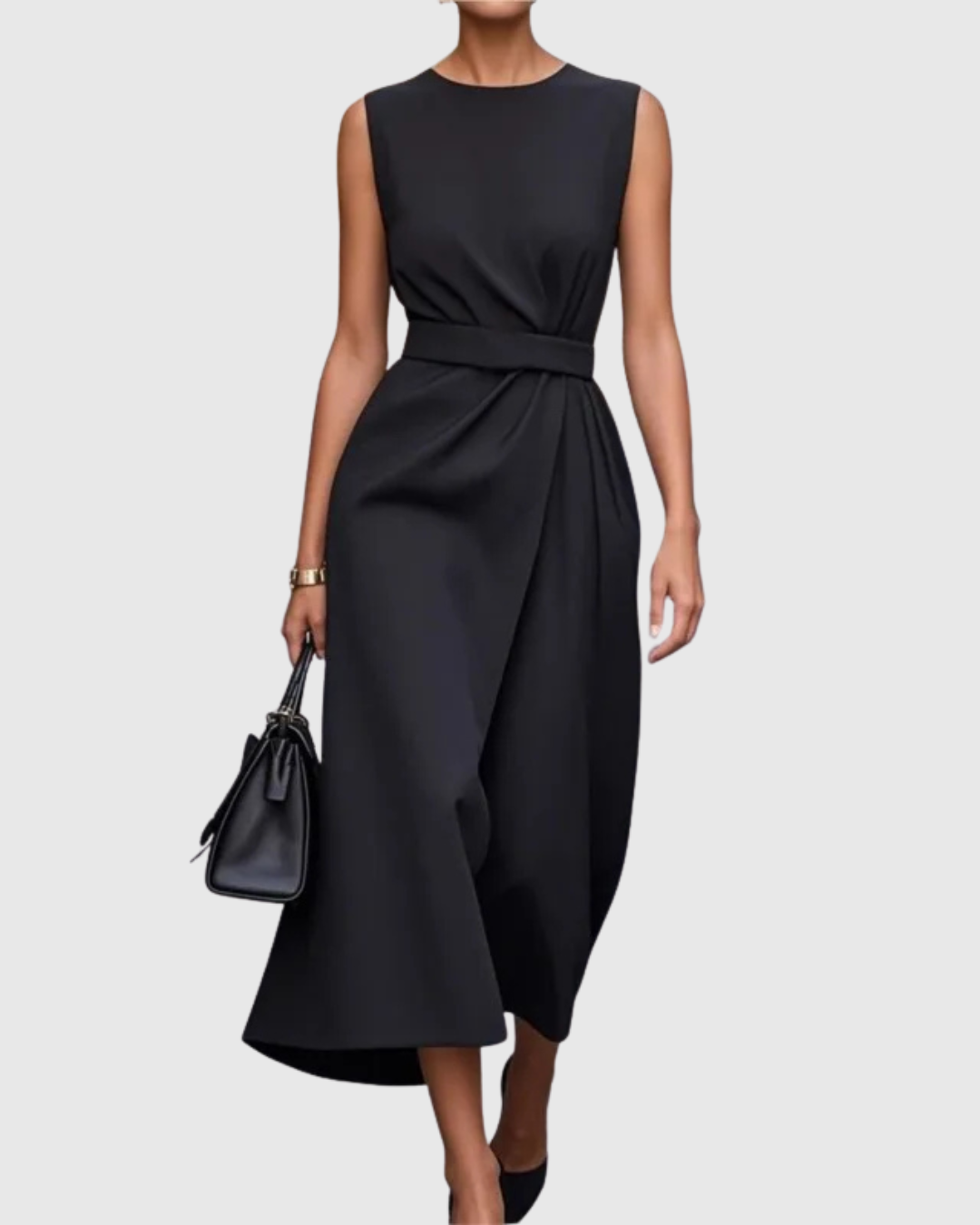 Paige | Elegant round neck midi dress with draped waist