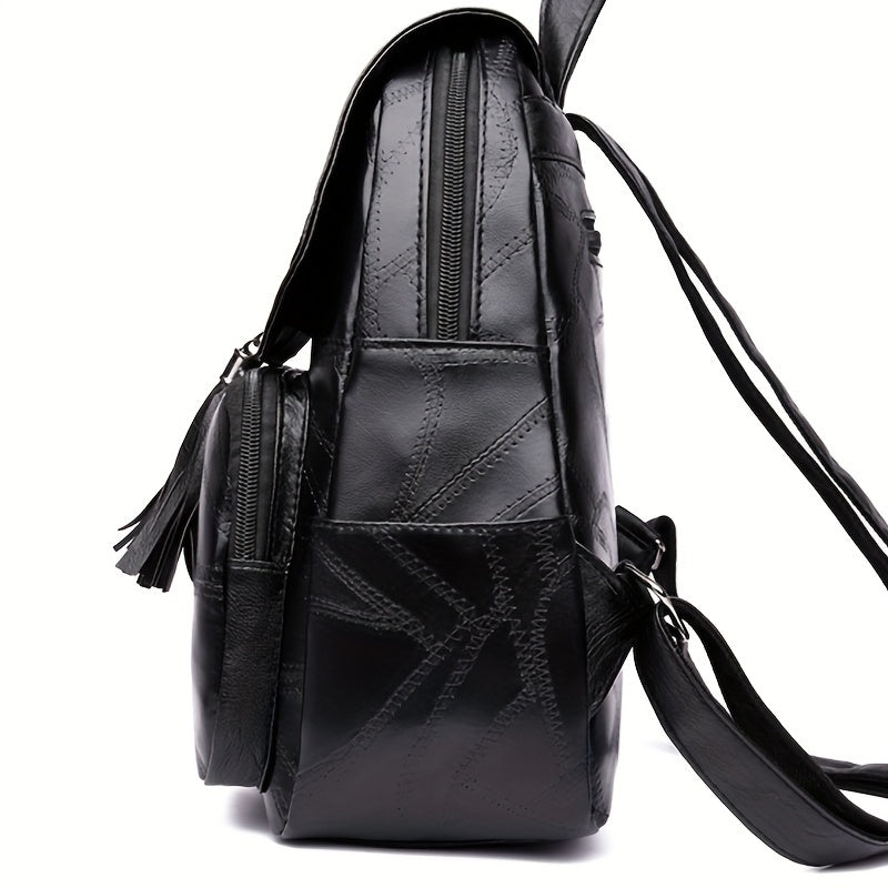 Luica - Stylish Black Backpack with Braided Flap and Tassel Detail