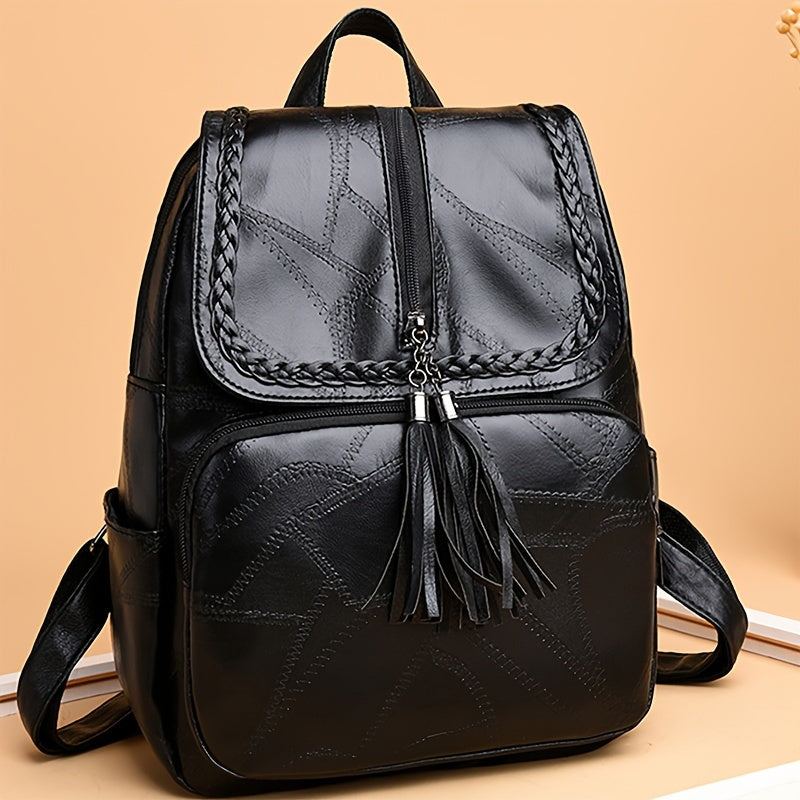 Luica - Stylish Black Backpack with Braided Flap and Tassel Detail