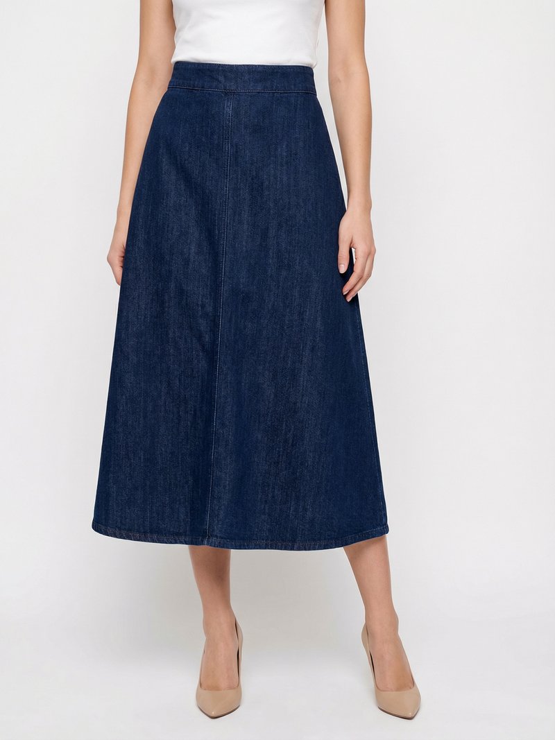 High-Waist A-Line Denim Midi Skirt