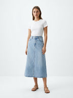 High-Waist A-Line Denim Midi Skirt