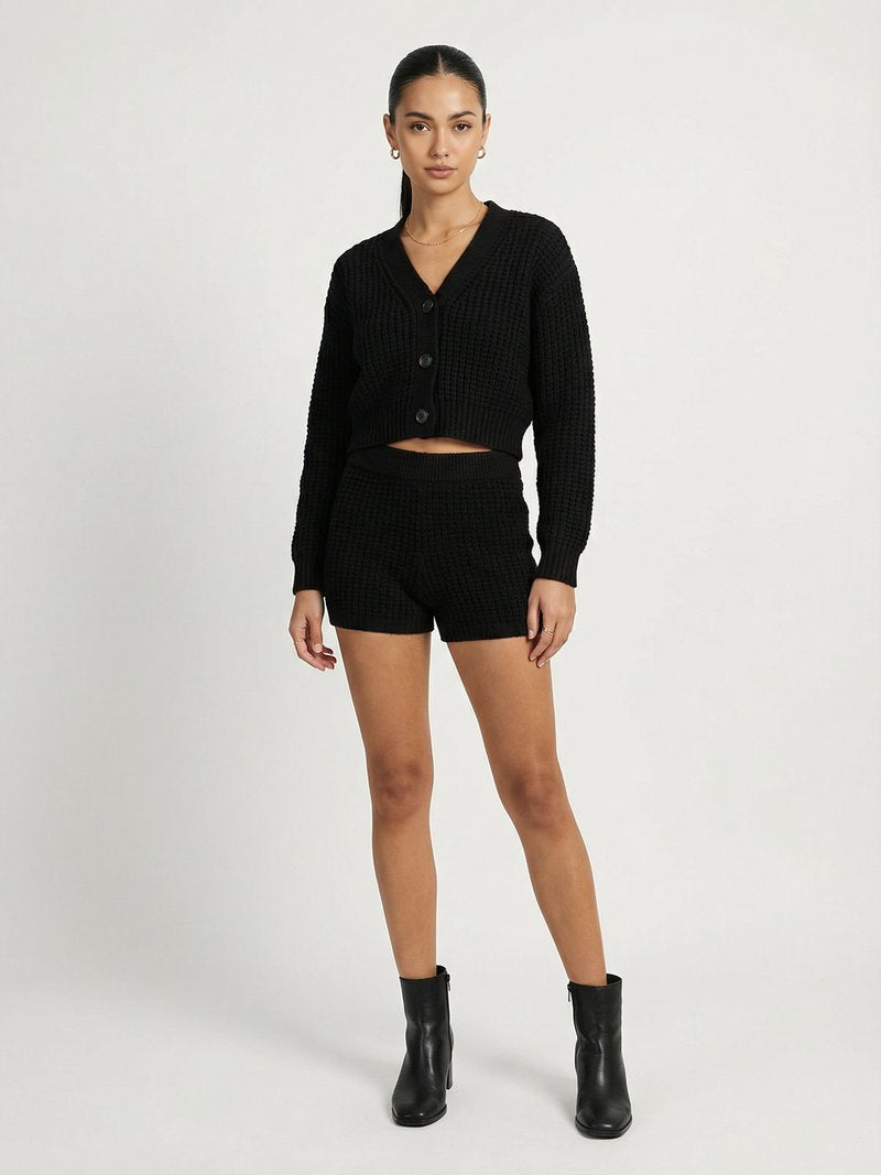 Textured Knit Cardigan & High-Waist Shorts Set