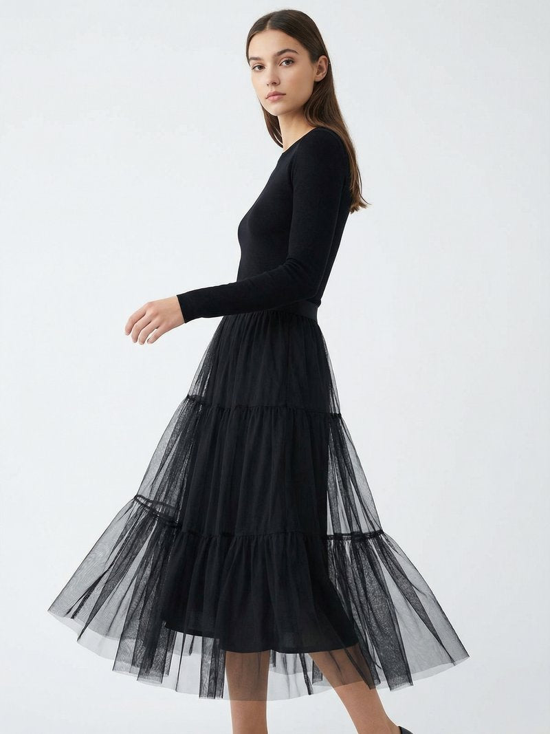 Layered Mesh Tulle Midi Skirt