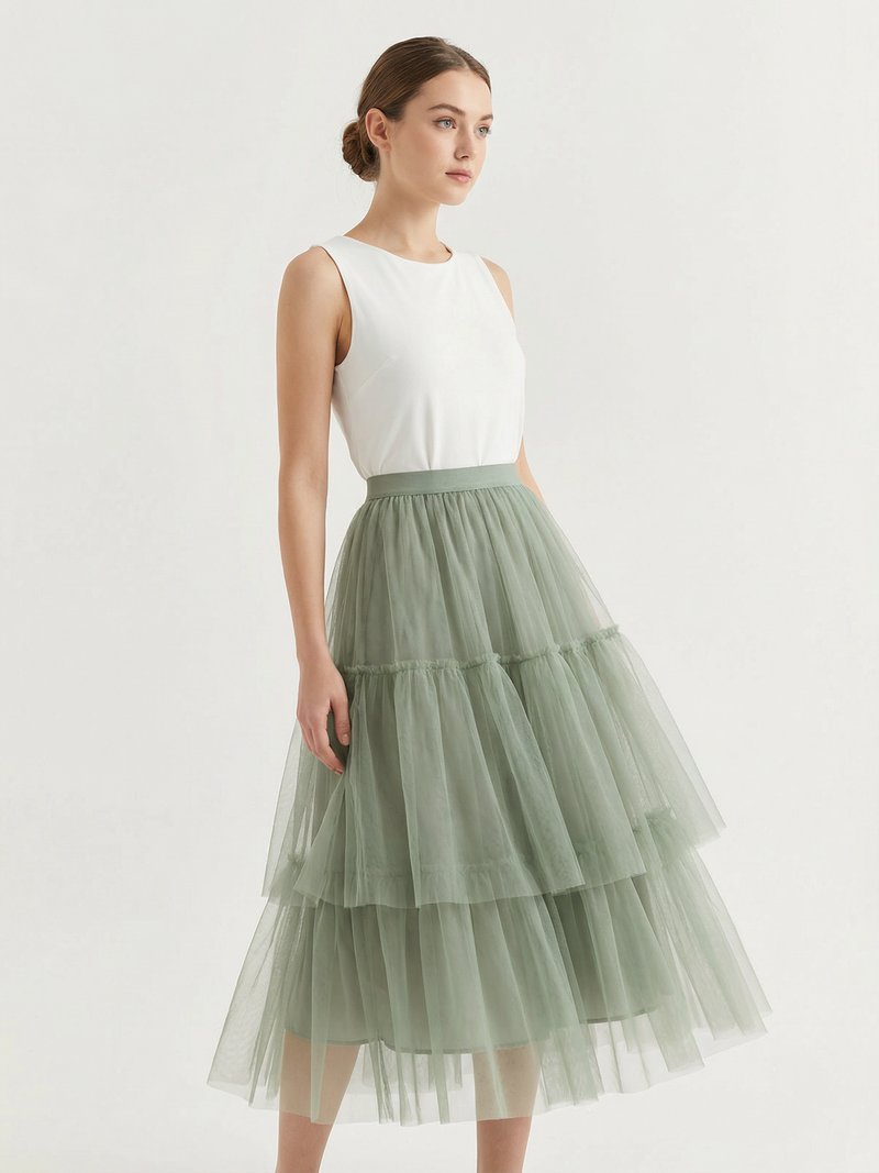 Layered Mesh Tulle Midi Skirt