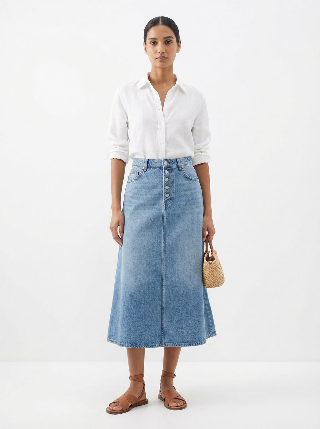 High-Waist A-Line Denim Midi Skirt