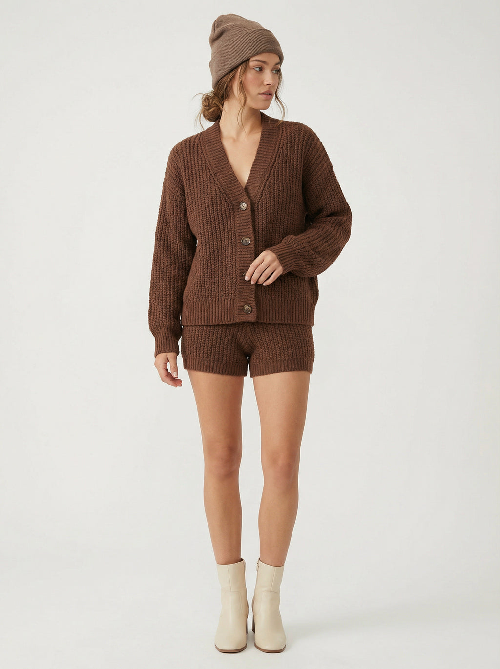 Textured Knit Cardigan & High-Waist Shorts Set
