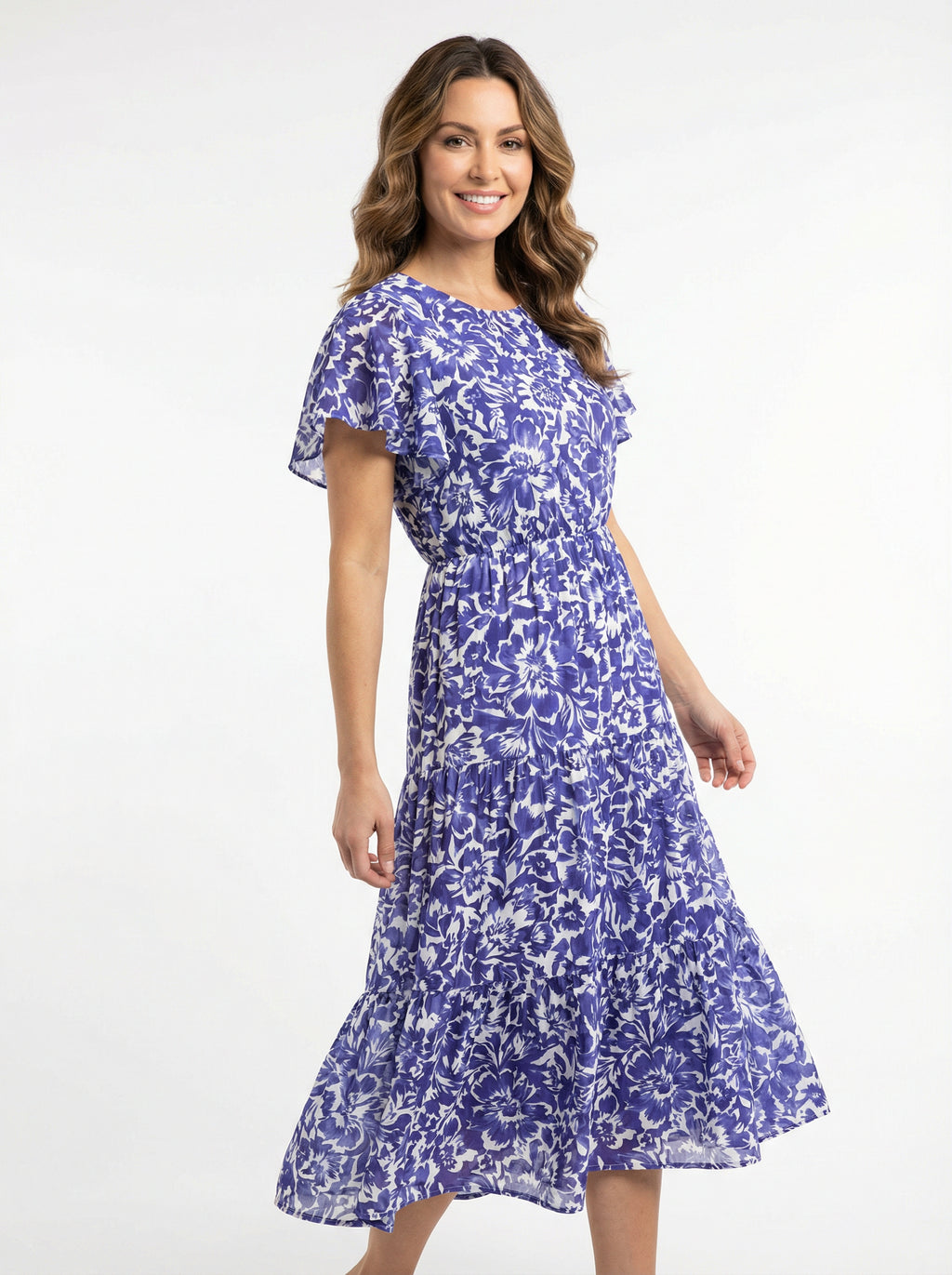 Tiered Floral Midi Dress with Flutter Sleeves