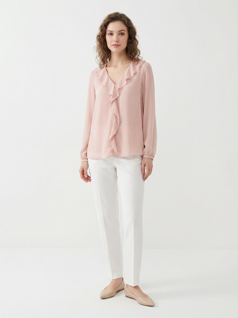 Ruffled V-Neck Chiffon Blouse