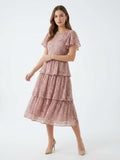 Tiered Floral Midi Dress with Flutter Sleeves