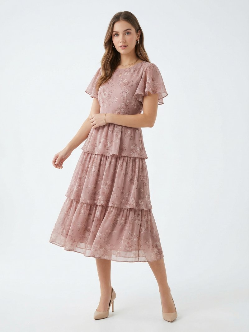 Tiered Floral Midi Dress with Flutter Sleeves