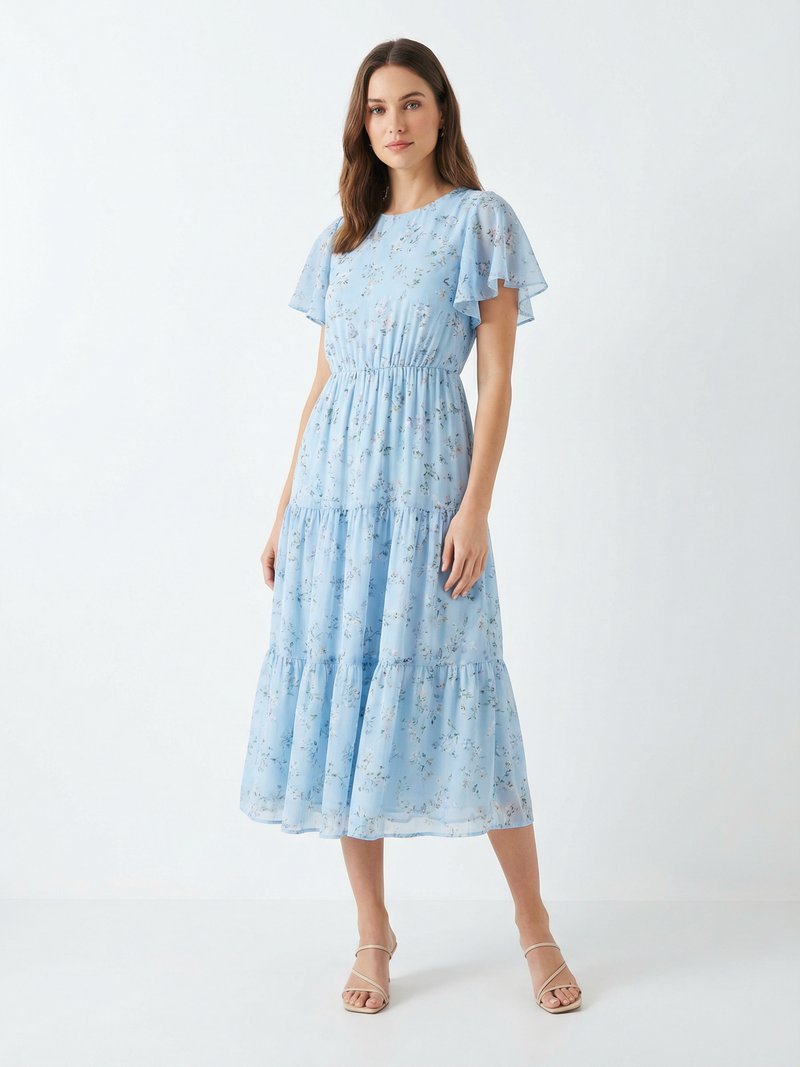 Tiered Floral Midi Dress with Flutter Sleeves